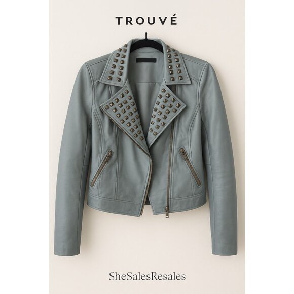 TROUVÉ Genuine Leather Studded Moto Jacket XS Teal Zip Front Made in India - Picture 1 of 4
